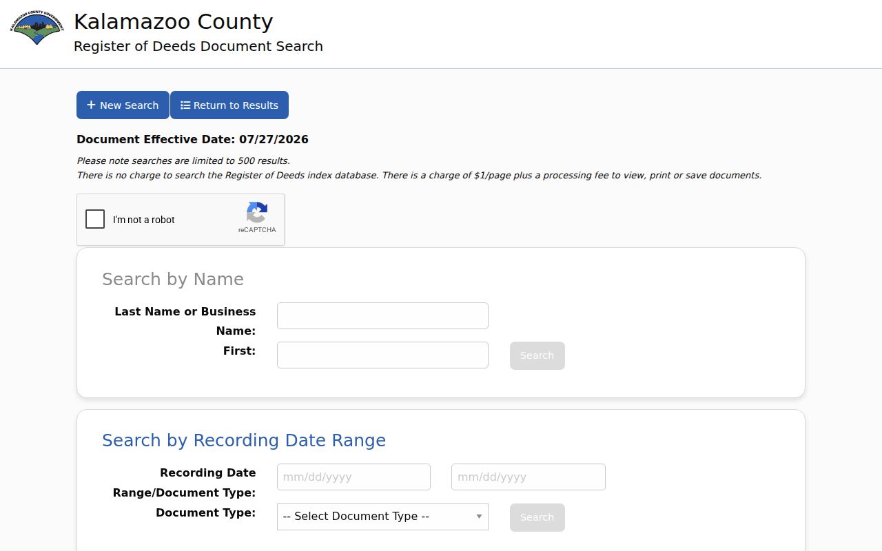 Kalamazoo previous residents grantor-grantee deed search screen