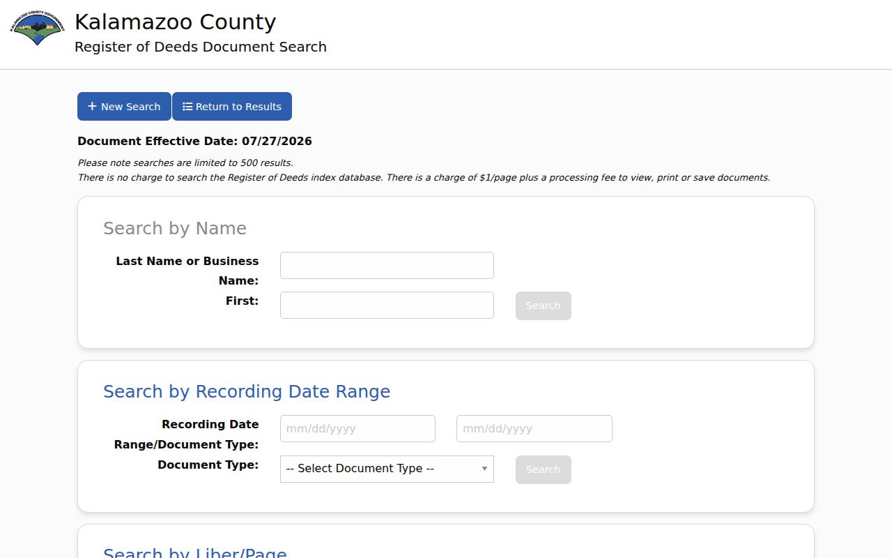 Kalamazoo street directory Deeds Search interface with party, date, book-page, and parcel fields